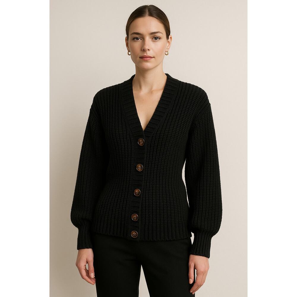 LPA Black Chunky Rib-Knit Cardigan Sweater – XS – Wool Blend Balloon Sleeves